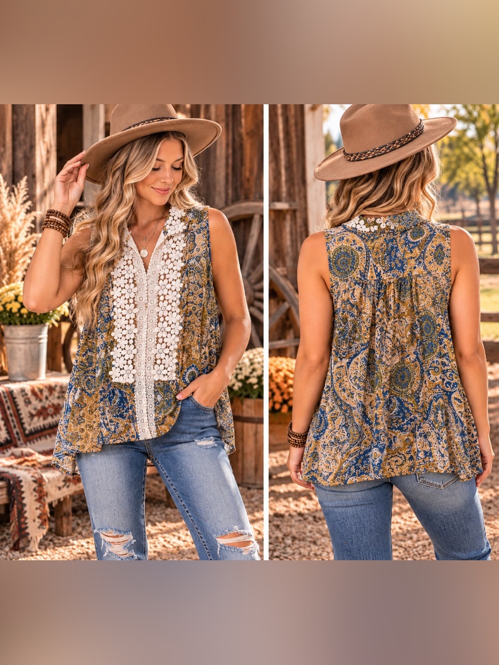 POL Paisley Crochet-Trim Sleeveless Top - Yellow Blue